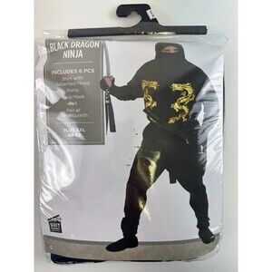 Black Dragon Ninja Costume 6 PCS Shirt Hood Pants Face Mask Belt Plus XXL 48-52